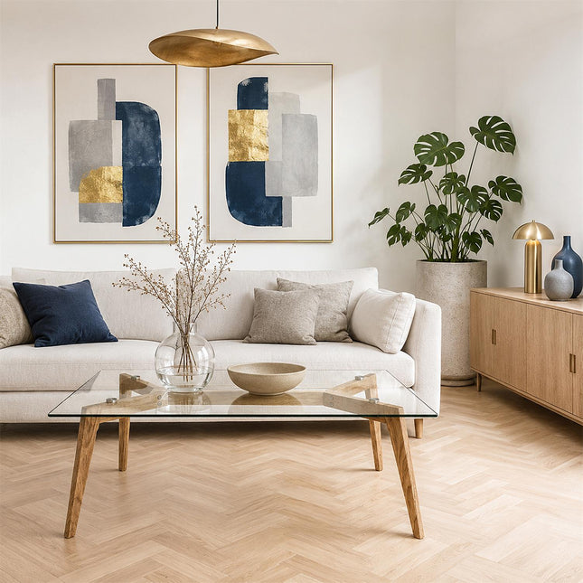 Kafijas galdiņš ar rūdīta stikla virsmu un koka kājām, 110 × 60 cm