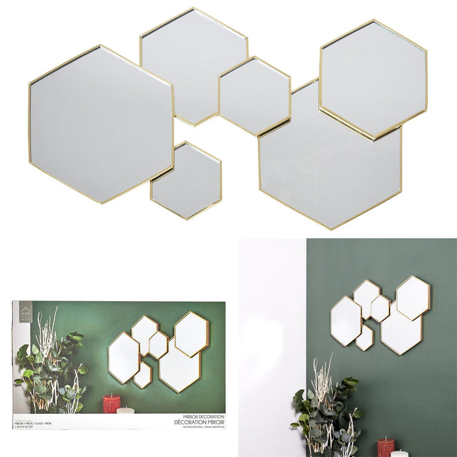 Dekoratīvais sienas spogulis “Hexagon Gold” ar zelta metāla rāmi, 57 × 35 cm