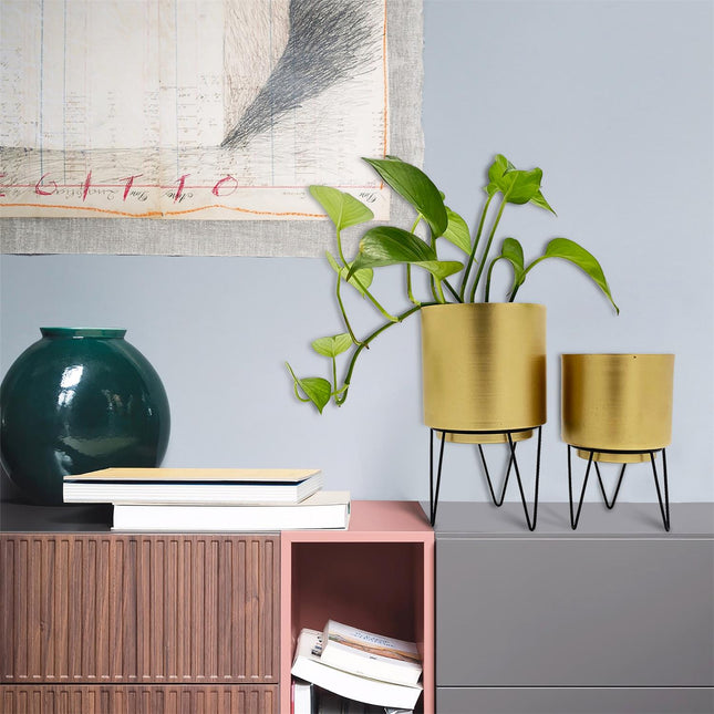 Zelta puķu podu komplekts ar statīviem (2 gab.)