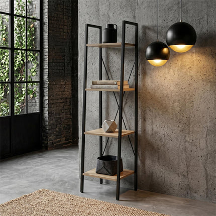 Moderns stūra plaukts ar 4 līmeņiem, melns metāls un koka tonis, 148 cm