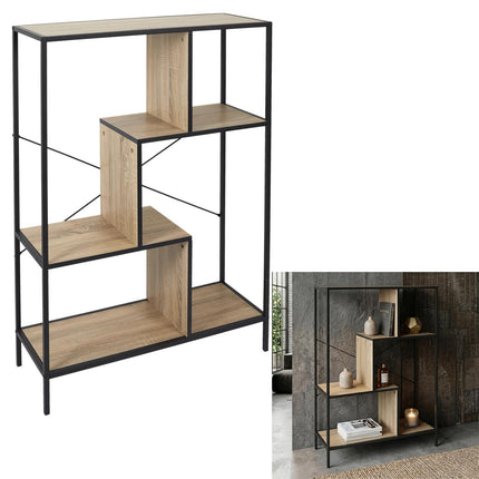 Moodne asümmeetrilise disainiga metallist ja puidust riiul, 80 × 30 × 113 cm
