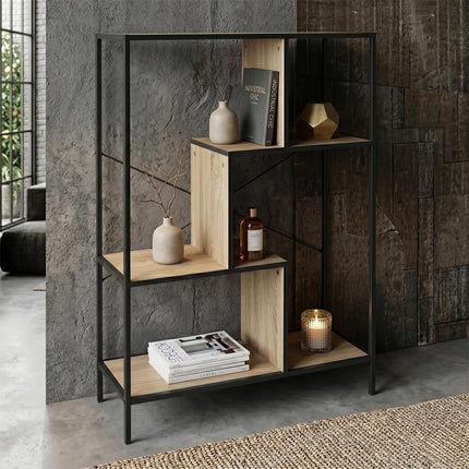 Moodne asümmeetrilise disainiga metallist ja puidust riiul, 80 × 30 × 113 cm