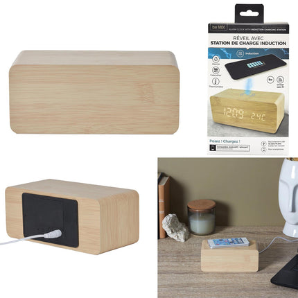 Digitālais modinātājs ar bezvadu (indukcijas) uzlādi – bambusa dizainā