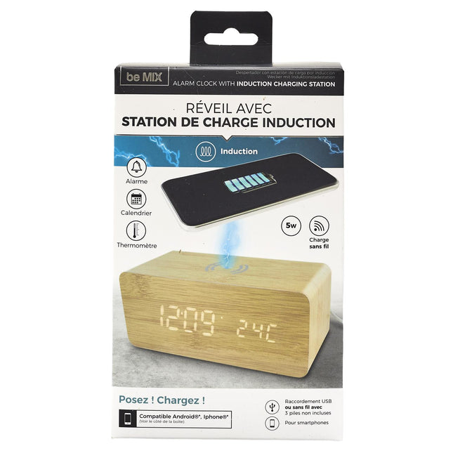 Digitālais modinātājs ar bezvadu (indukcijas) uzlādi – bambusa dizainā