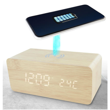 Digitālais modinātājs ar bezvadu (indukcijas) uzlādi – bambusa dizainā