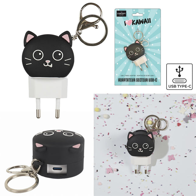 Kawaii kaķīša USB-C lādētājs ar atslēgu piekariņu