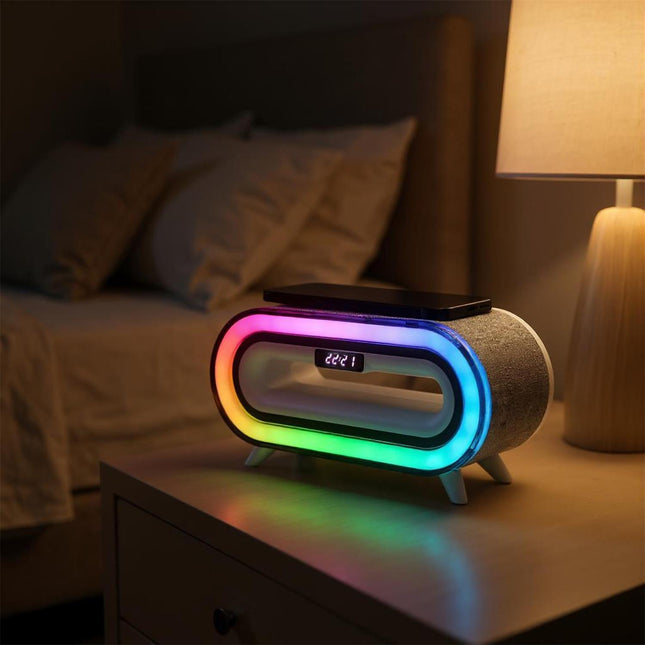Modinātājs ar Bluetooth skaļruni, bezvadu uzlādi un RGB apgaismojumu