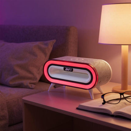Modinātājs ar Bluetooth skaļruni, bezvadu uzlādi un RGB apgaismojumu
