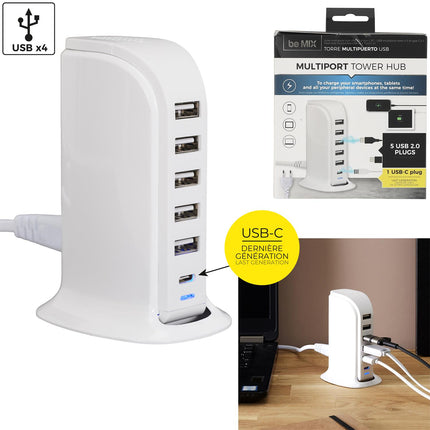 Mitme pordiga USB-laadija 6 USB-A-ühendusega, valge