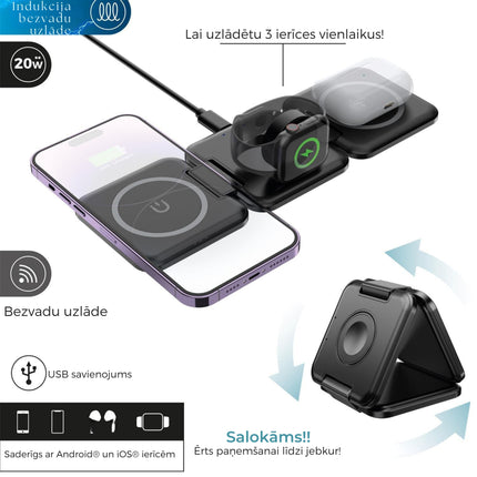 Salokāma bezvadu uzlādes stacija 3-in-1 (20W)