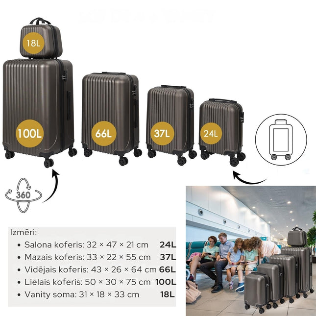 5 dažādu izmēra ceļojuma koferi – perlamutra brūns 100L / 66L / 37L / 24L / 18