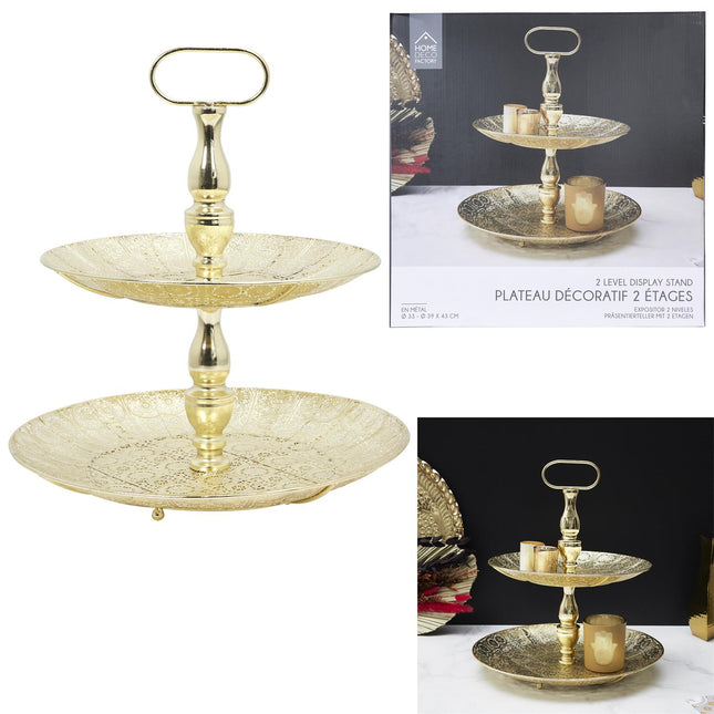 Divstāvu metāla paplāte ar reljefu rakstu, zelta tonis, Ø39,5 × H43 cm