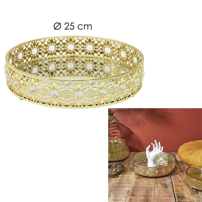 Metāla paplāte ar kristāla akcentiem un spoguli Ø 25 cm