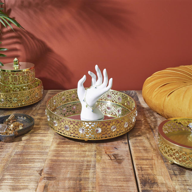 Metāla paplāte ar kristāla akcentiem un spoguli Ø 25 cm