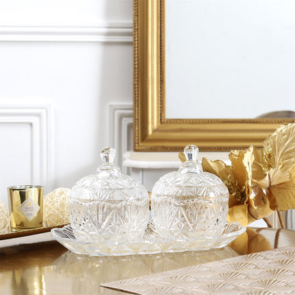 Dekoratīvs stikla trauku komplekts ar vākiem