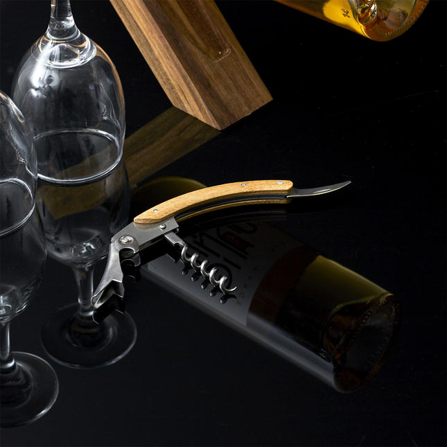 Koka vīna pudeļu turētājs ar someljē nazi – elegants dāvanu komplekts