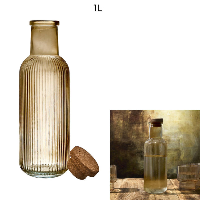Rievota stikla pudele ar korķa detaļu, 1000 ml, dzintara tonis