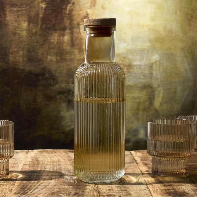 Rievota stikla pudele ar korķa detaļu, 1000 ml, dzintara tonis