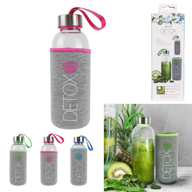 DETOX stikla pudele ar aizsargapvalku – 400 ml, 3 krāsas