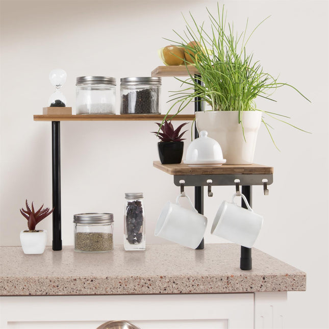 Stūra plaukts ar 3 līmeņiem – bambuss un metāls (43 × 38 × 43 cm)