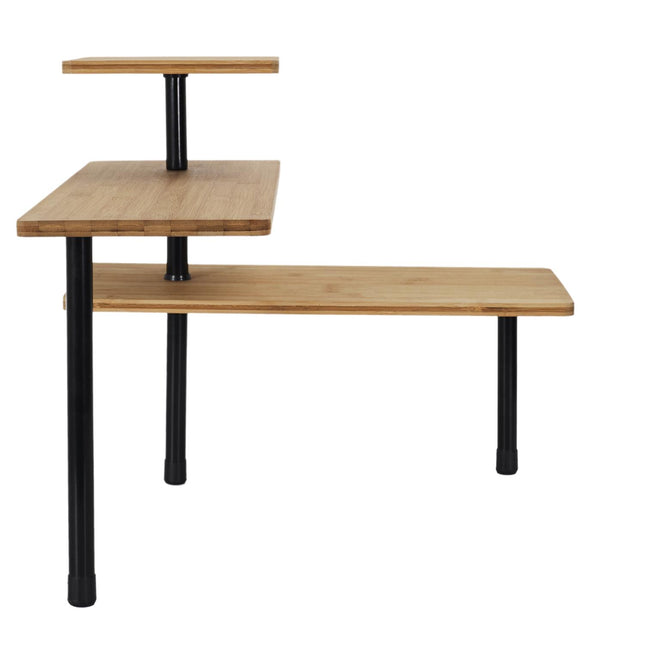 Stūra plaukts ar 3 līmeņiem – bambuss un metāls (43 × 38 × 43 cm)