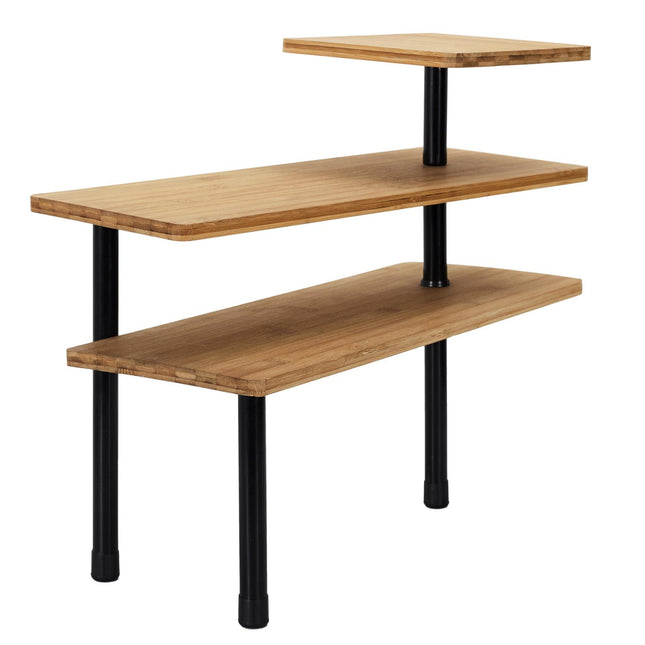 Stūra plaukts ar 3 līmeņiem – bambuss un metāls (43 × 38 × 43 cm)