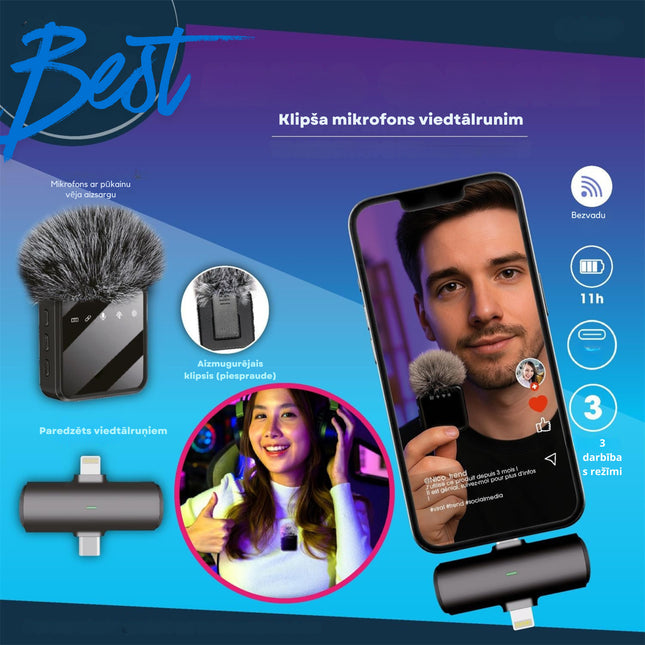 Bezvadu klipša mikrofons viedtālrunim