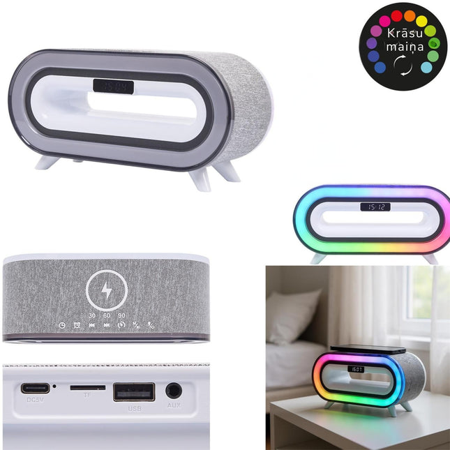 Modinātājs ar Bluetooth skaļruni, bezvadu uzlādi un RGB apgaismojumu