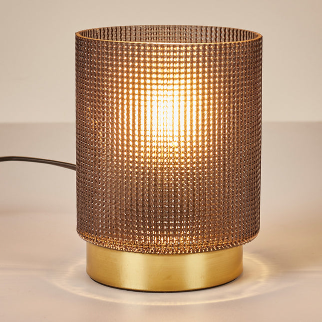 Tumši brūna galda lampa ar reljefu stiklu u zelta pamatni