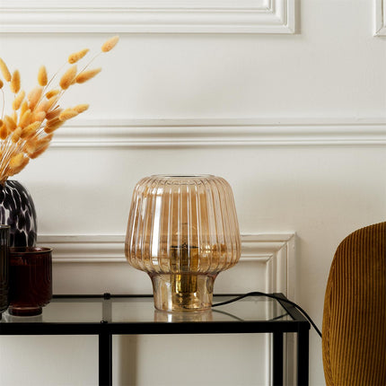 Stikla galda lampa ar rievotu dizainu-dzintara tonis