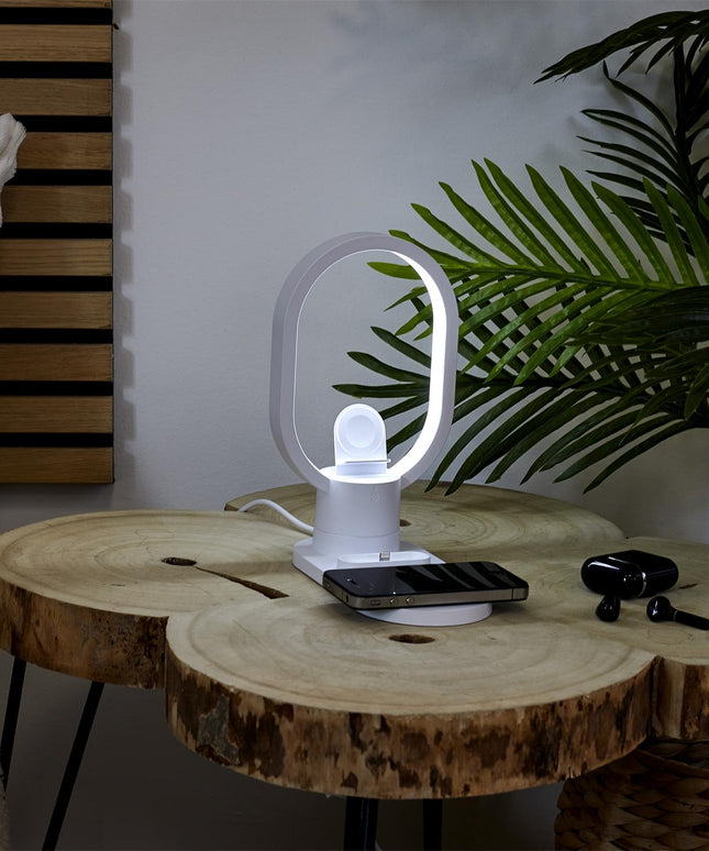 LED galda lampa ar 3-in-1 bezvadu uzlādes bāzi – telefona, pulksteņa un austiņu lādētājs