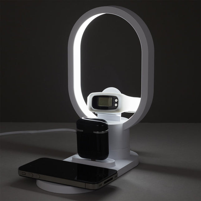 LED galda lampa ar 3-in-1 bezvadu uzlādes bāzi – telefona, pulksteņa un austiņu lādētājs