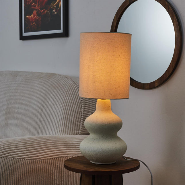 Keramikas galda lampa ar lina abažūru – 50 cm, krēmkrāsas interjera lampa