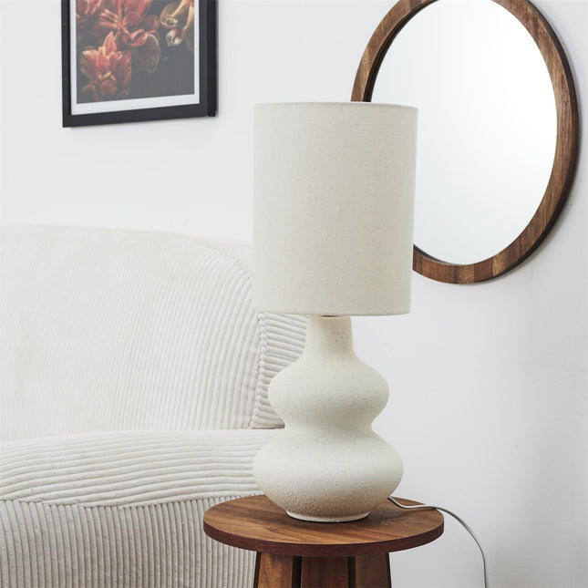 Keramikas galda lampa ar lina abažūru – 50 cm, krēmkrāsas interjera lampa