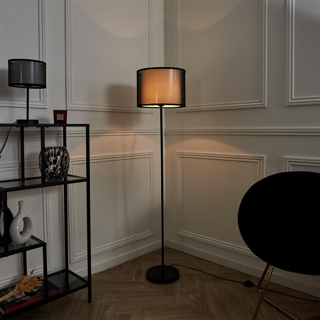 Stāvlampa ar dubulto abažūru – melna / pelēka, 150 cm