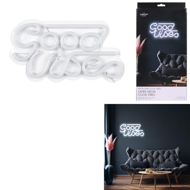 LED neona efekta lampa “GOOD VIBES”, balta, USB, 33,5 × 17,5 cm