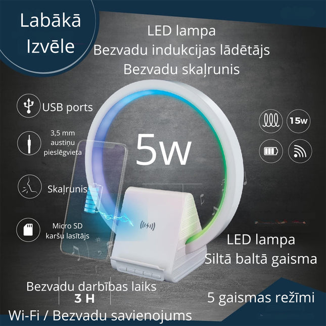 LED galda lampa ar bezvadu lādētāju un Bluetooth skaļruni