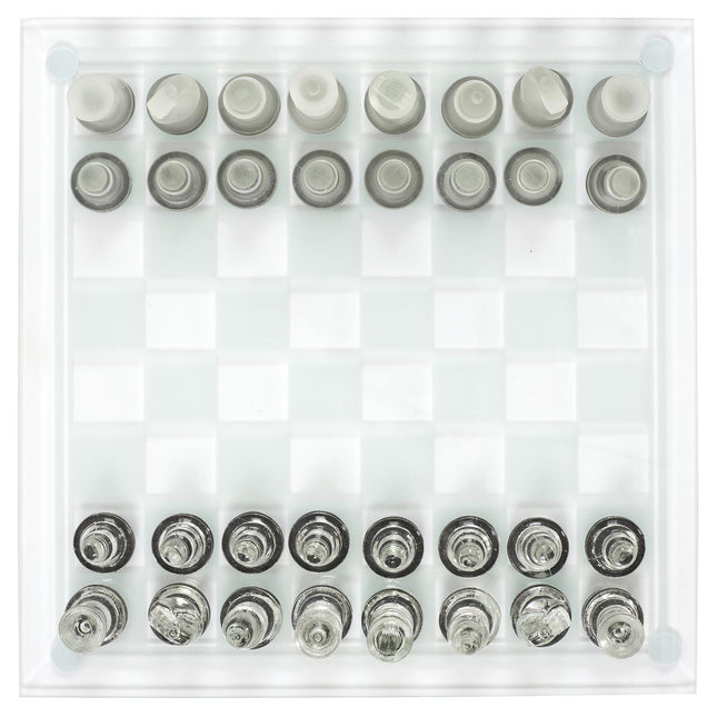 Stikla šaha komplekts 25 × 25 cm – elegants galda šahs no stikla