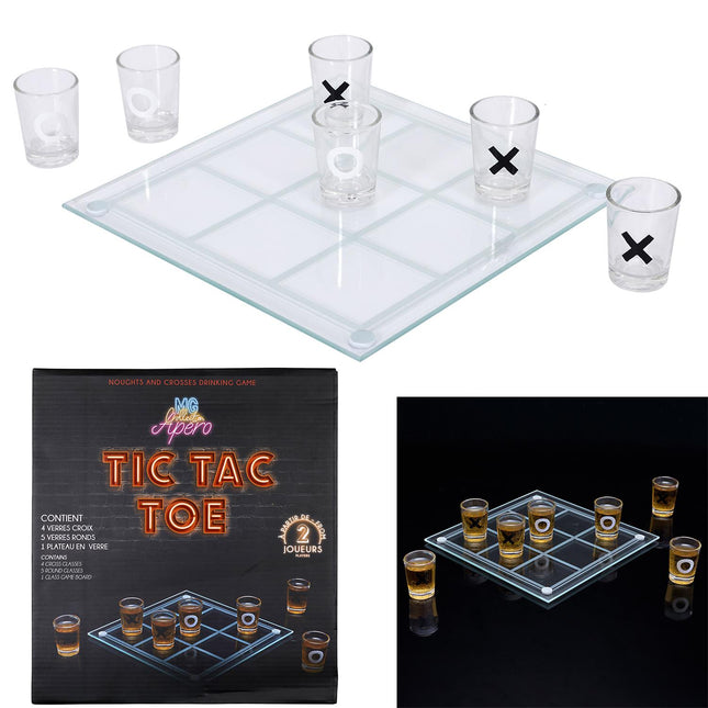 Jautra dzeramā galda spēle “Tic Tac Toe” ar stikla spēles laukumu un šotiņu glāzēm – ideāla ballītēm un draugu vakariem.
