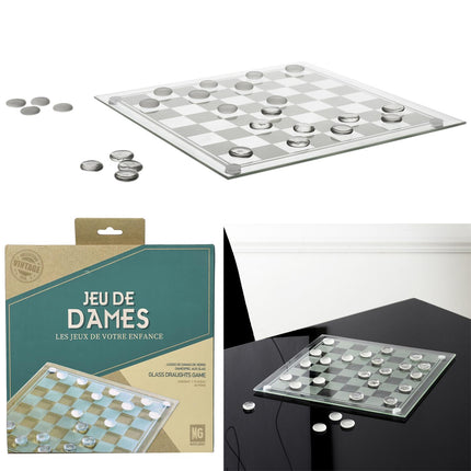 Stikla dambretes spēle 25 × 25 cm – elegants stikla  komplekts