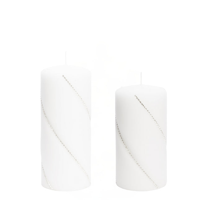 Cilindra svece– balta ar kristāliņiem, Pieejams divos izmēros