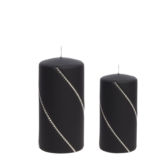 Cilindra svece– melna ar kristāliņiem, Pieejams divos izmēros