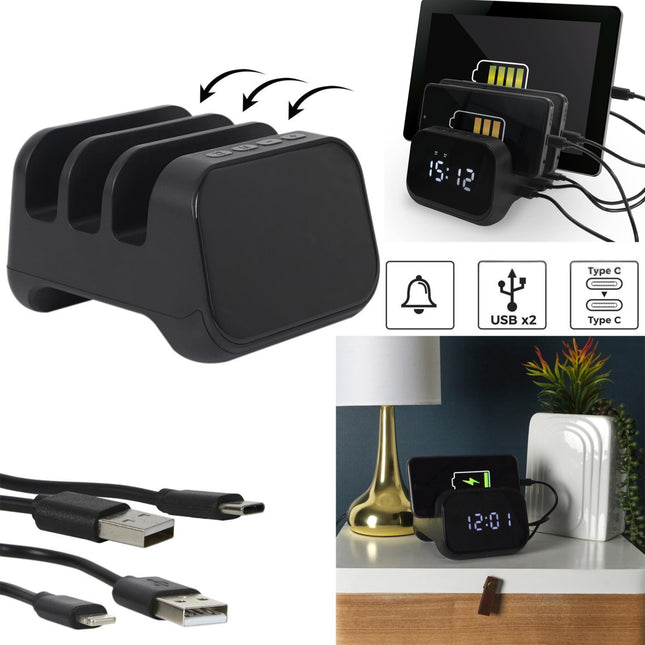 Modinātājpulkstenis ar 3 ierīču uzlādes staciju