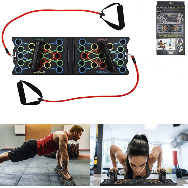 17-in-1 spēka treniņu dēlis ar pretestības gumijām