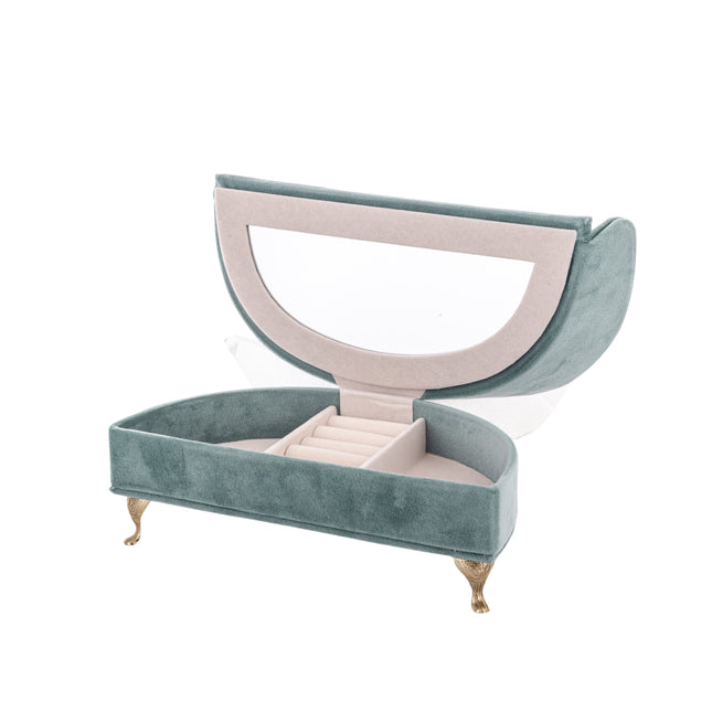 Dekoratīva samta rotaslietu lādīte–dīvāniņš ar zelta kājiņām