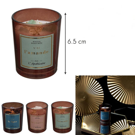 Mini aromātiskā svece ar dekoratīviem akmentiņiem “L’Apothicaire” – 6.5 cm (vairāki aromāti)