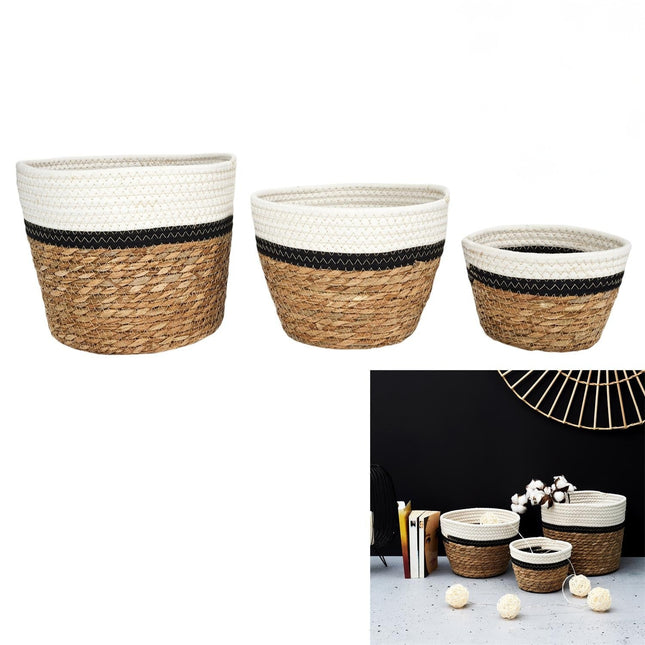 Pītu uzglabāšanas grozu komplekts (3 gab.) – dabīgs ar melnu un baltu akcentu