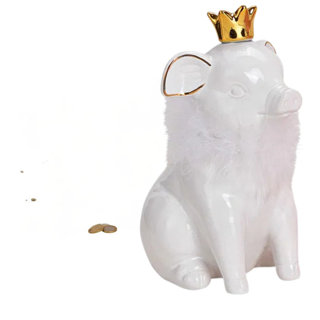 Krājkasīte Karaliskā cūciņa ar zelta kroni un dekoratīvu apkakli – balta / rozā / melna (3 varianti)