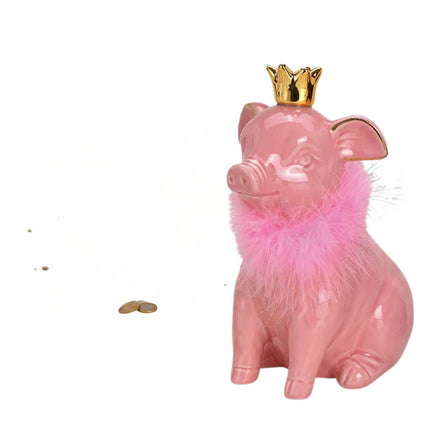 Krājkasīte Karaliskā cūciņa ar zelta kroni un dekoratīvu apkakli – balta / rozā / melna (3 varianti)