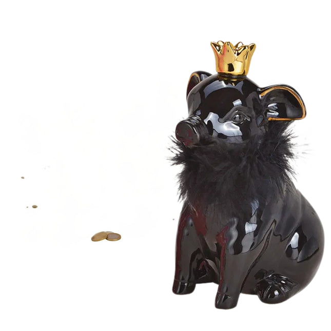 Krājkasīte Karaliskā cūciņa ar zelta kroni un dekoratīvu apkakli – balta / rozā / melna (3 varianti)